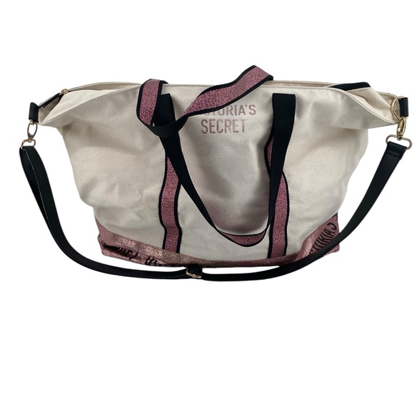 Victoria's Secret Handbags - Victoria's Secret Canvas Weekender Bag Pink Glitter Logo Travel Tote Large